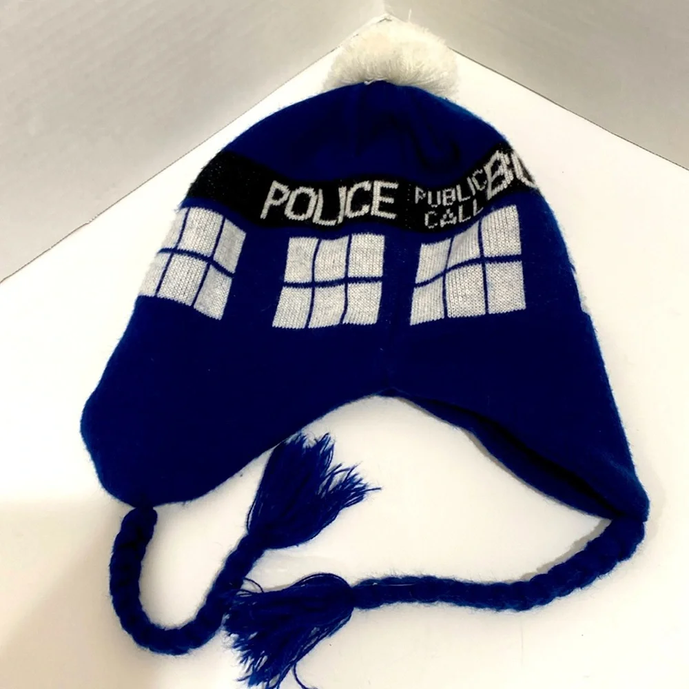 DR WHO BBC Blue & White Police Public Call Box “TARDIS” Knit Beanie /Hat - Picture 3 of 7